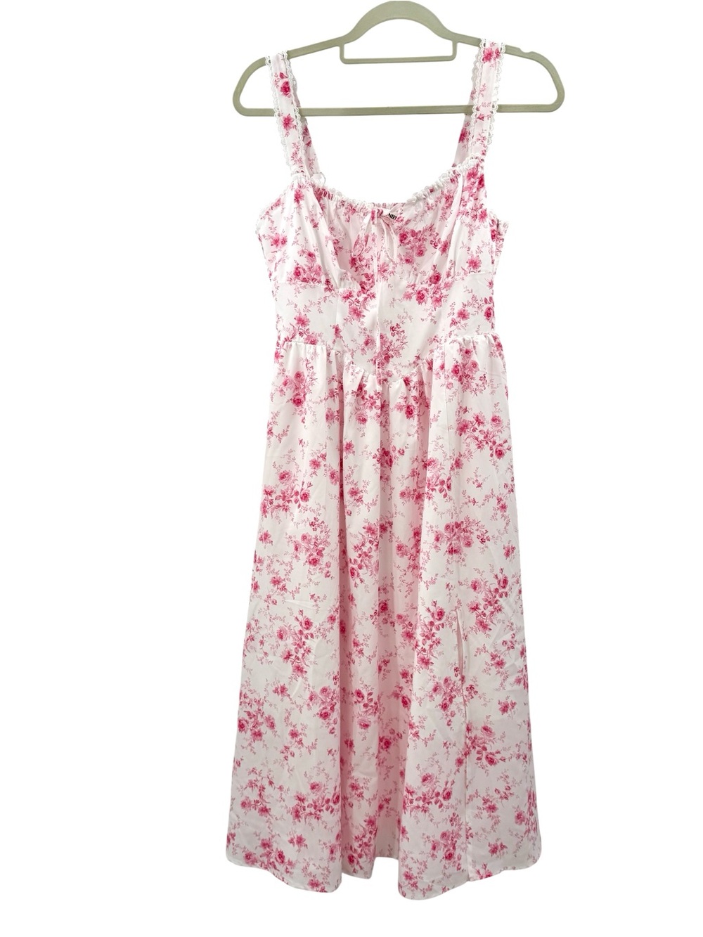 Floral Pink Midi Sundress with Tie Front - - Picture 3 of 16